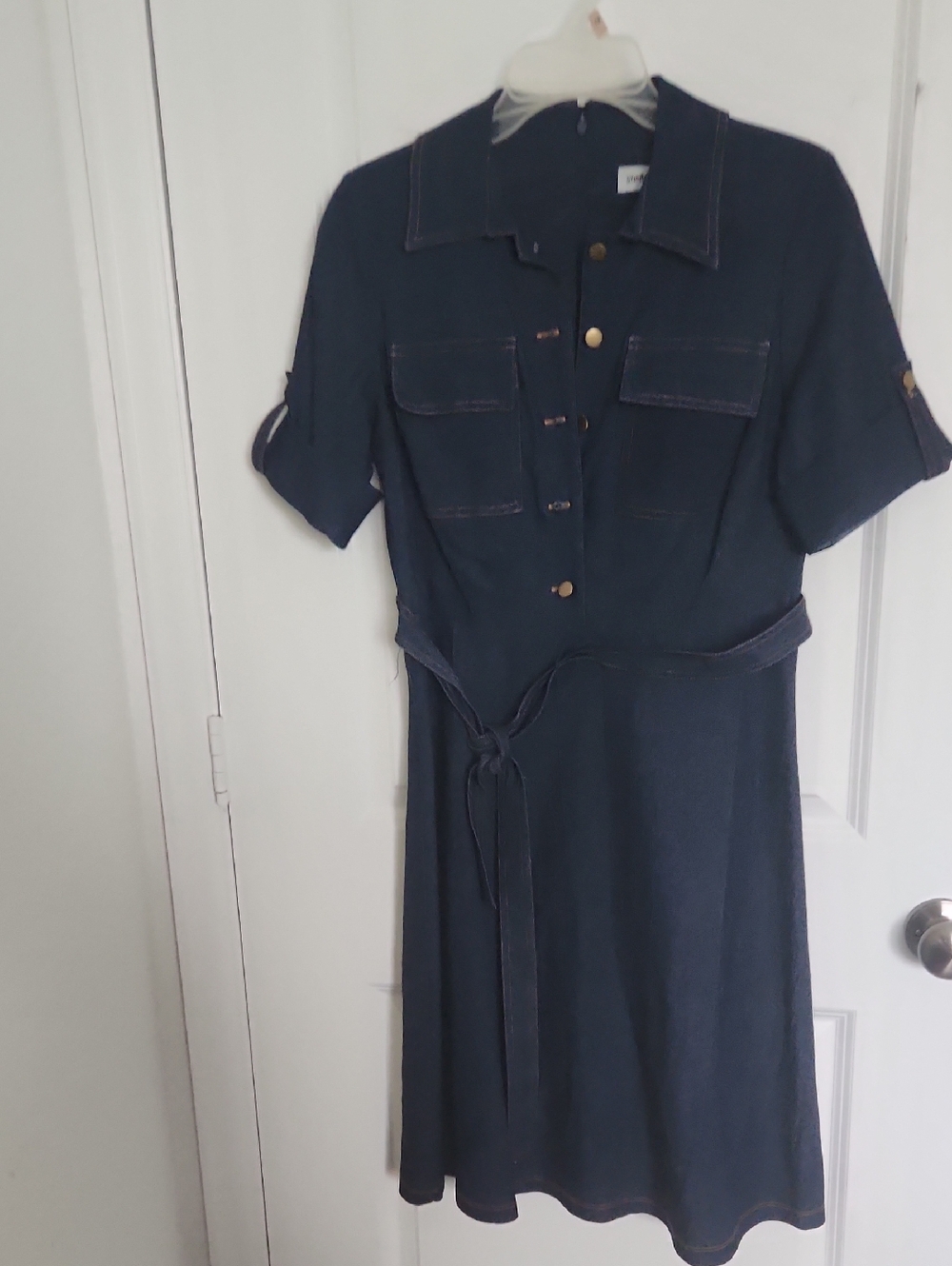 Shelby & Palmer Navy Blue Jean Short-Sleeve Midi Shirt Dress with Tie Waist